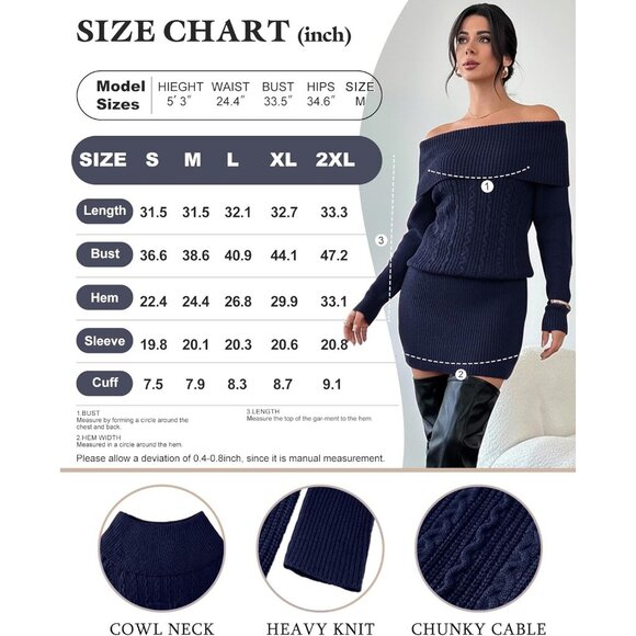 Women's Dark Blue Long Sleeve Cowl Neck Bodycon Mini Sweater Short Dress - Picture 7 of 7